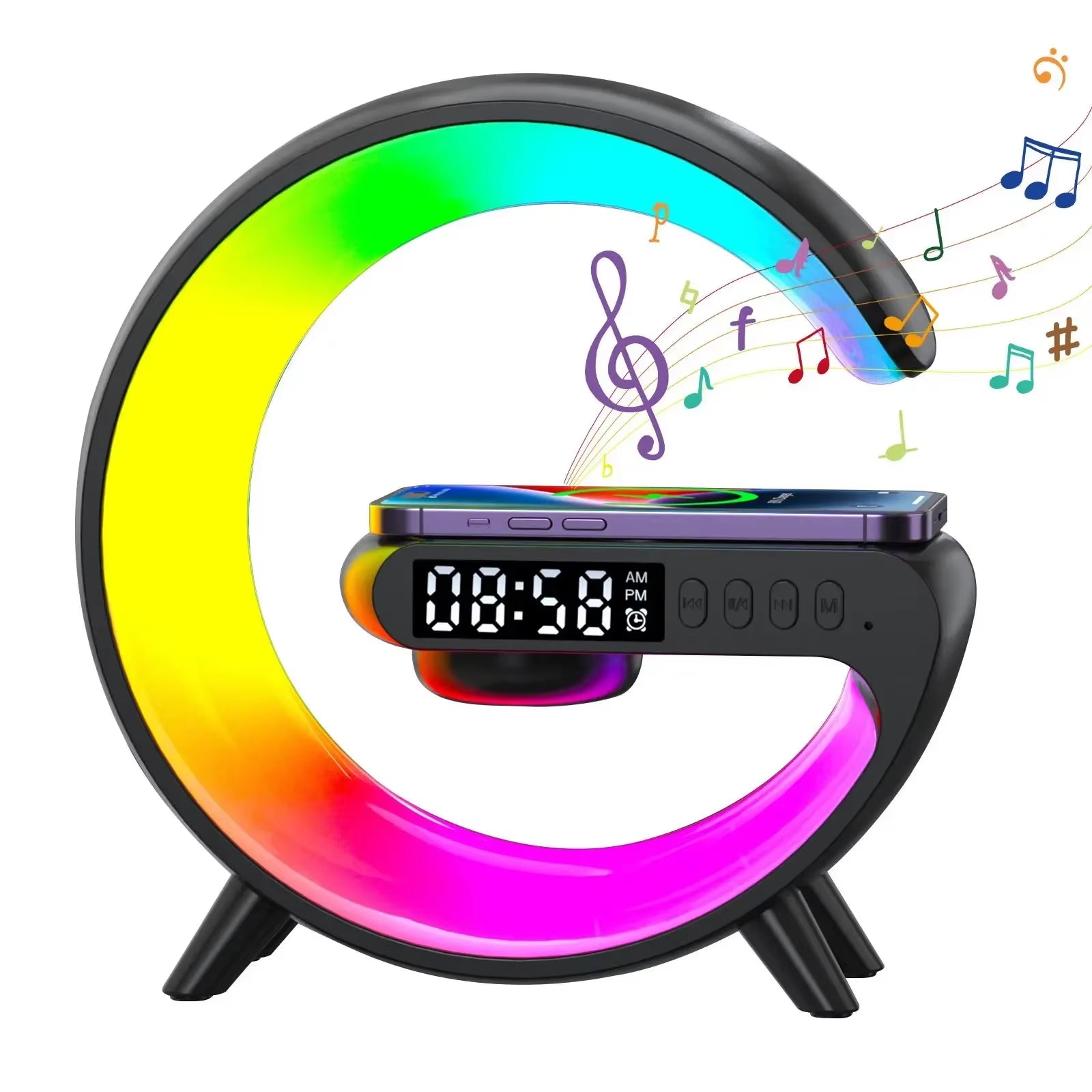 Speaker TF Card RGB Night Light Lamp Alarm Clock Wireless Charger Pad Stand Fast Charging Station Dock